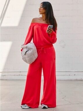 Free People one to beat onesie Off-Shoulder Wide-Leg Jumpsuit in Red